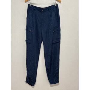 Johnny Was Biya Silky Cargo Jogger Pants 8 Navy Zipper Legs Boho Hippie Crunchy